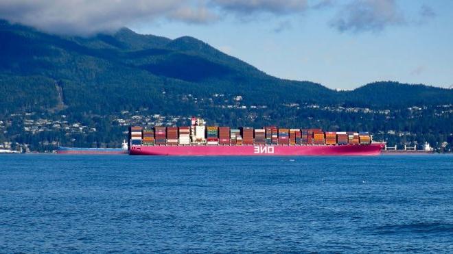 A container ship off the coast of Vancouver, B.C.